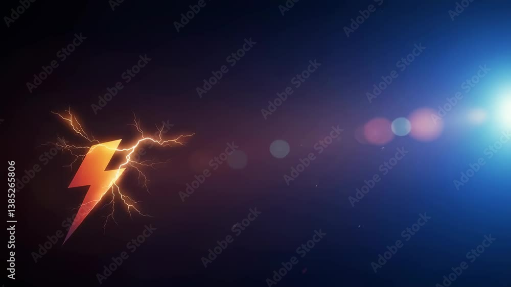 Poster flaming lightning bolt symbol in dark space with bright blue light. electric power and energy concep