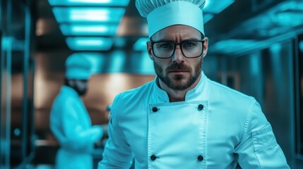 This image features a serious chef in a contemporary kitchen, highlighting the intensity and dedication found in culinary arts and professional cooking environments.