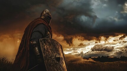 Lone knight in armor facing stormy sunset.