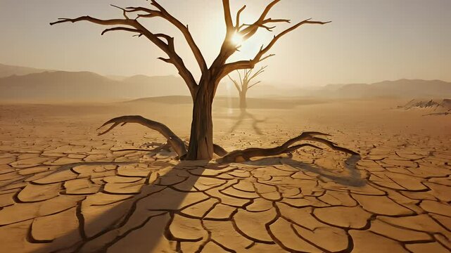 Cracked Desert Land With Dying Tree &ndash; 4K Climate Drought Footage