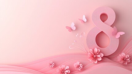 Pink 8th March design with butterflies and flowers
