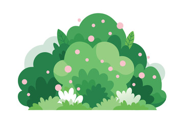 Lush Green Bushes with Pink Berries Flat Design on White Background