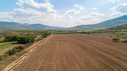 Obraz premium Aerial view of plowed farmland in a valley, mountains in background; agriculture, nature
