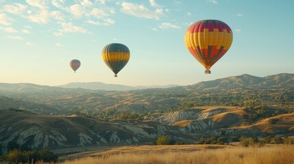 Fototapeta premium Three hot air balloons soar over scenic mountain landscape at sunrise.