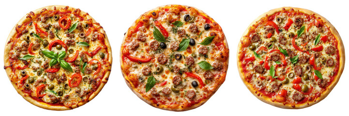 Three meatlovers pizzas with red peppers basil and olives.