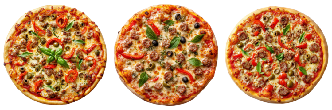 Three meatlovers pizzas with red peppers basil and olives.