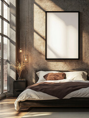 
a detroit themed contemporary bedroom scene, sunlight coming from nearby window, modern furniture. focus of the photo is a black A1 frame on the wall, the frame has a blank white print