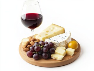 A glass of red wine beside a gourmet cheese board. Featuring sophistication and indulgence