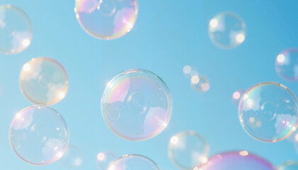 Colorful soap bubbles floating in the air under clear blue sky, joyfulness