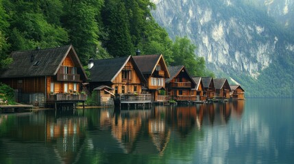 Obraz premium Lakeside wooden houses, mountain backdrop, calm water, idyllic village, tourism postcard