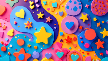 Playful abstract background of shapes stars and hearts
