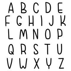 Hand drawn cartoon black english alphabet on white background.
