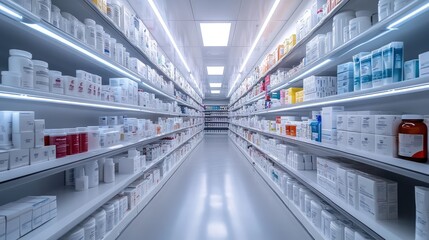A modern, well-lit pharmacy aisle showcasing an extensive selection of health and beauty products in organized shelves