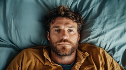 A young man with a contemplative expression lies amidst earthy-toned bedding, capturing a moment of deep thought, reflection, and tranquility in a serene environment.