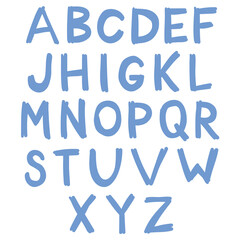 Hand drawn doodle blue english alphabet on white background.
