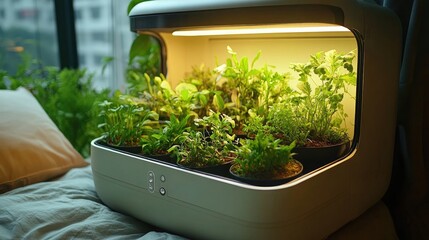 A cozy indoor garden featuring a variety of lush herbs and plants, illuminated by soft lighting in a modern apartment setting.