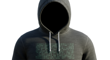 Isolated Anonymous Hacker in Hoodie with Binary Code Pattern