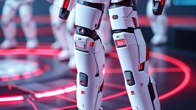 Futuristic robot figures standing in a high-tech environment with neon lighting and patterns