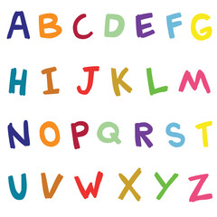 Hand drawn doodle colored english alphabet on white background.