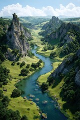Scenic green valley with winding river flowing between rocky cliffs and lush landscape under clear blue sky