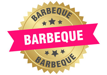 barbeque. barbeque round pink and gold label isolated on transparent background