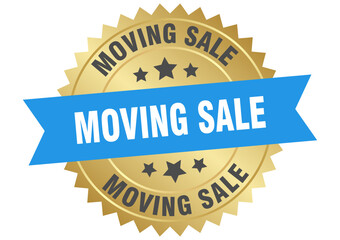moving sale. moving sale round blue and gold label isolated on transparent background