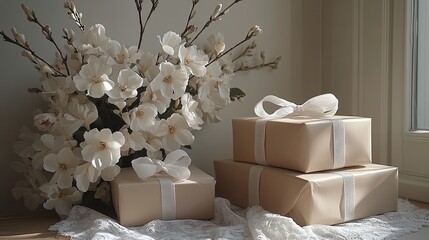 Festive arrangement of beautifully wrapped gifts next to a bouquet of white flowers in a sunlit room with soft decor