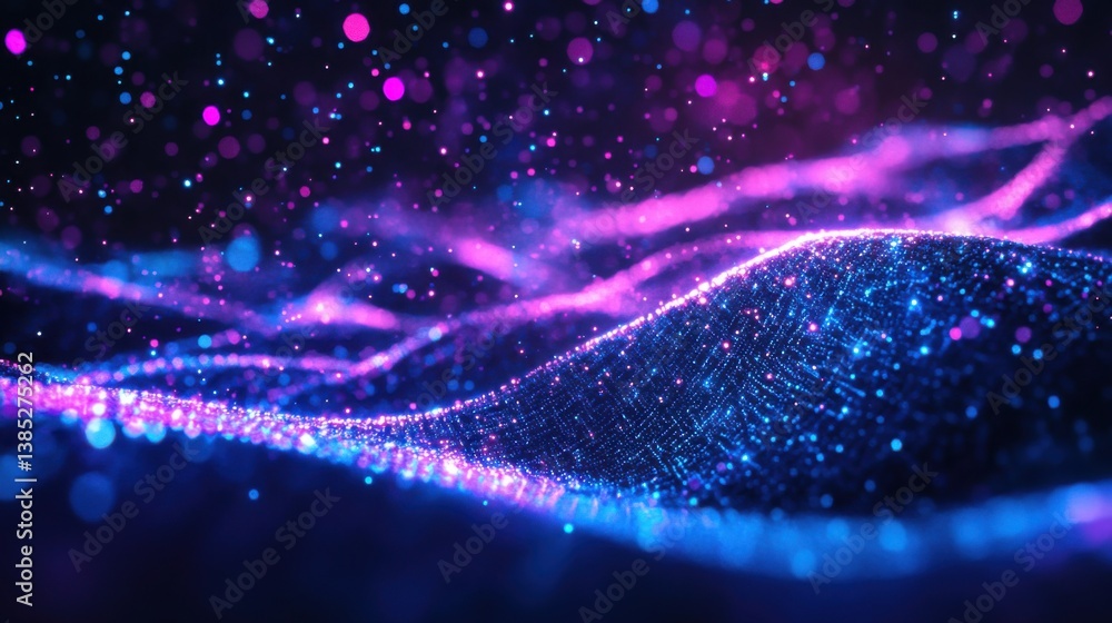 Poster futuristic background with glowing particles of data flowing