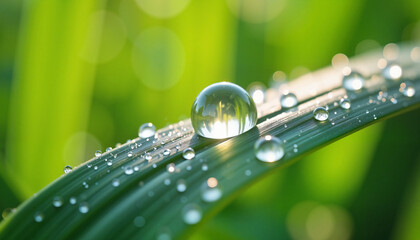 Vibrant dewdrop reflecting nature on a green leaf, morning beauty