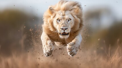 A dynamic image of a magnificent white lion effortlessly sprinting through the golden terrain, capturing its wild spirit and strength while showcasing the beauty of nature's wildlife.