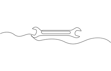 Obraz premium One mechanical wrench for nuts drawn in one continuous line drawing, Mechanical wrench continuous one line drawing. Labor day wrench tools continuous one line drawing.