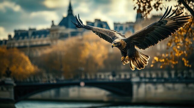 Eagle in flight over Paris cityscape