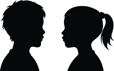 Silhouette of Boy and Girl Profile with Ponytail on Isolated Transparent Background