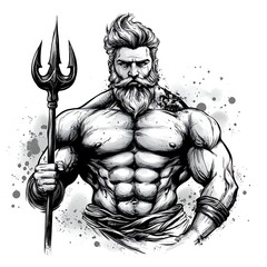 Obraz premium Powerful Muscular God-like Figure with Trident; A Dramatic Black and White Illustration.