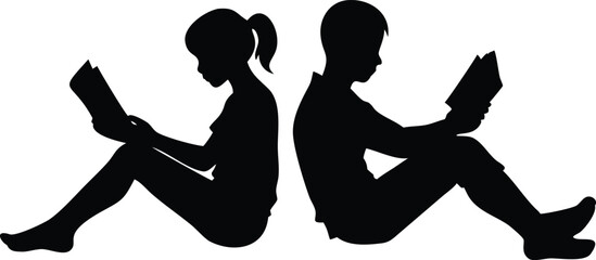 Silhouette of Boy and Girl Reading Books While Sitting on a White Background