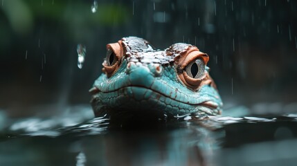 This compelling image showcases a poised blue frog beneath a gentle rainfall, where water droplets cascade around it, enhancing the sense of tranquility and connection to nature.