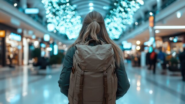A woman with a backpack stands at the center of a modern mall, blending the essence of nature and urban life while exploring the intersection of adventure and daily routine.