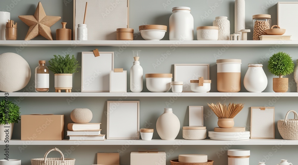 Poster a minimalist shelf display featuring various decorative items, containers, and plants in neutral ton