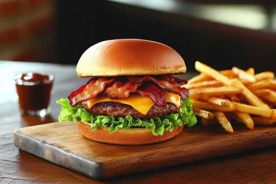 A gourmet burger with fresh toppings served on a wooden board. Featuring boldness and flavor