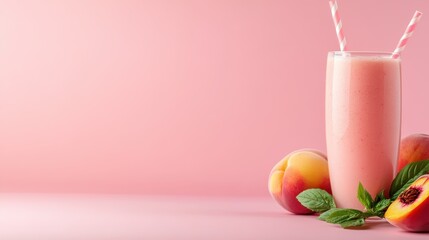Showcasing a delightful peach smoothie adorned with two straws, surrounded by fresh peaches and mint leaves against a pretty pink backdrop, this image radiates freshness and charm.