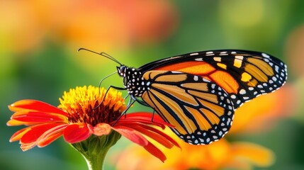 Fototapeta premium Monarch butterfly feeding on a bright orange flower.