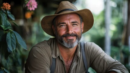 A friendly man wearing a straw hat smiles warmly amidst a lush green background, showcasing a connection to nature and a life filled with joy and tranquility.