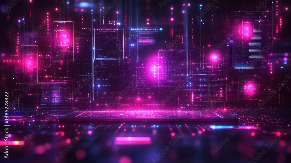 Poster neon digital interface: futuristic technology and data visualization