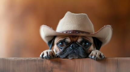 This charming image captures a pug peeking over a wooden fence while wearing a stylish cowboy hat, showcasing its expressive eyes and an adorable demeanor in a warm setting.