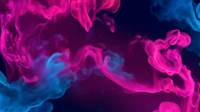 Pink and blue smoke swirls on dark background. Abstract fluid art. Colorful vapor pattern for digital wallpaper, music album cover, or creative design project.