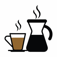 A coffee dripper and mug with steam rising