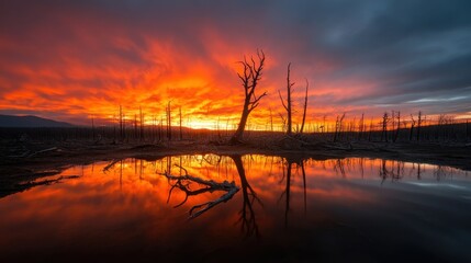 An enchanting sunset paints vivid colors over a desolate landscape of burnt trees, showcasing the stark contrast of beauty and destruction in nature's cycle.