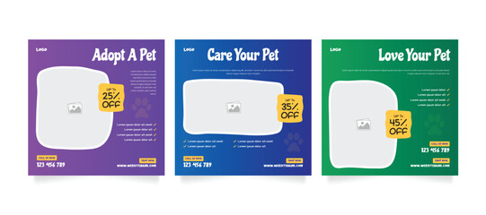 Set of pet care promotion banner social media pack template. Pet adoption social media post template. Pet shop social media carousel template.  © Tarek Digital