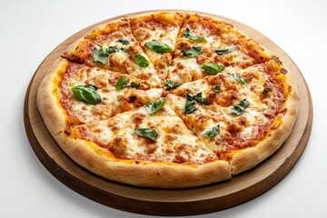 A gourmet pizza with mozzarella and basil. Featuring rustic flavors and indulgence