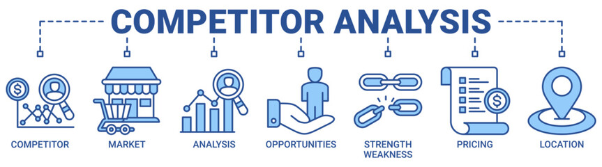 Competitor analysis web icon vector illustration concept with icon of competitor, market, analysis, opportunities, strength weakness, pricing and location icons outline blue color symbol background.